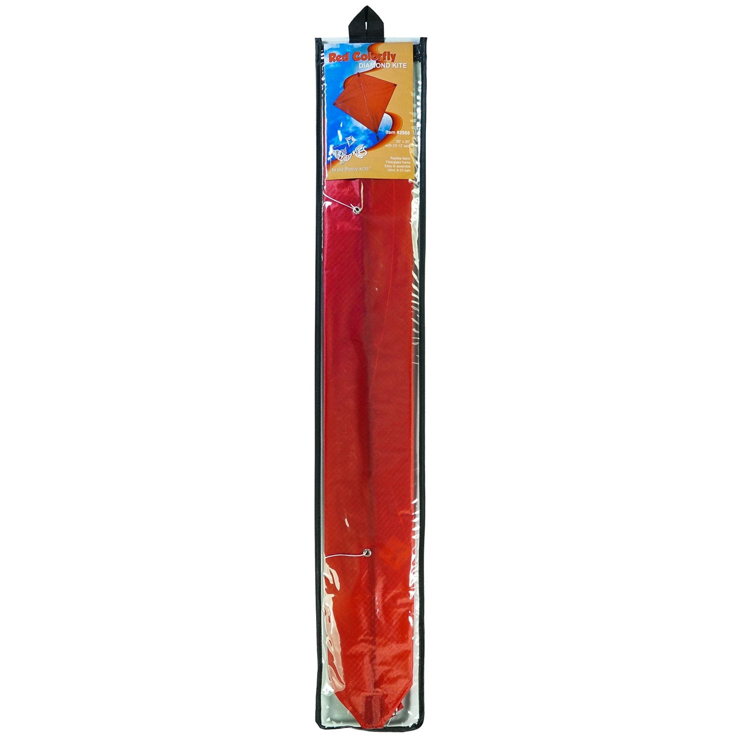 Red Colorfly 30\" Diamond Kite soaring with three colorful tails against a clear blue sky, showcasing its durable design and vibrant color.