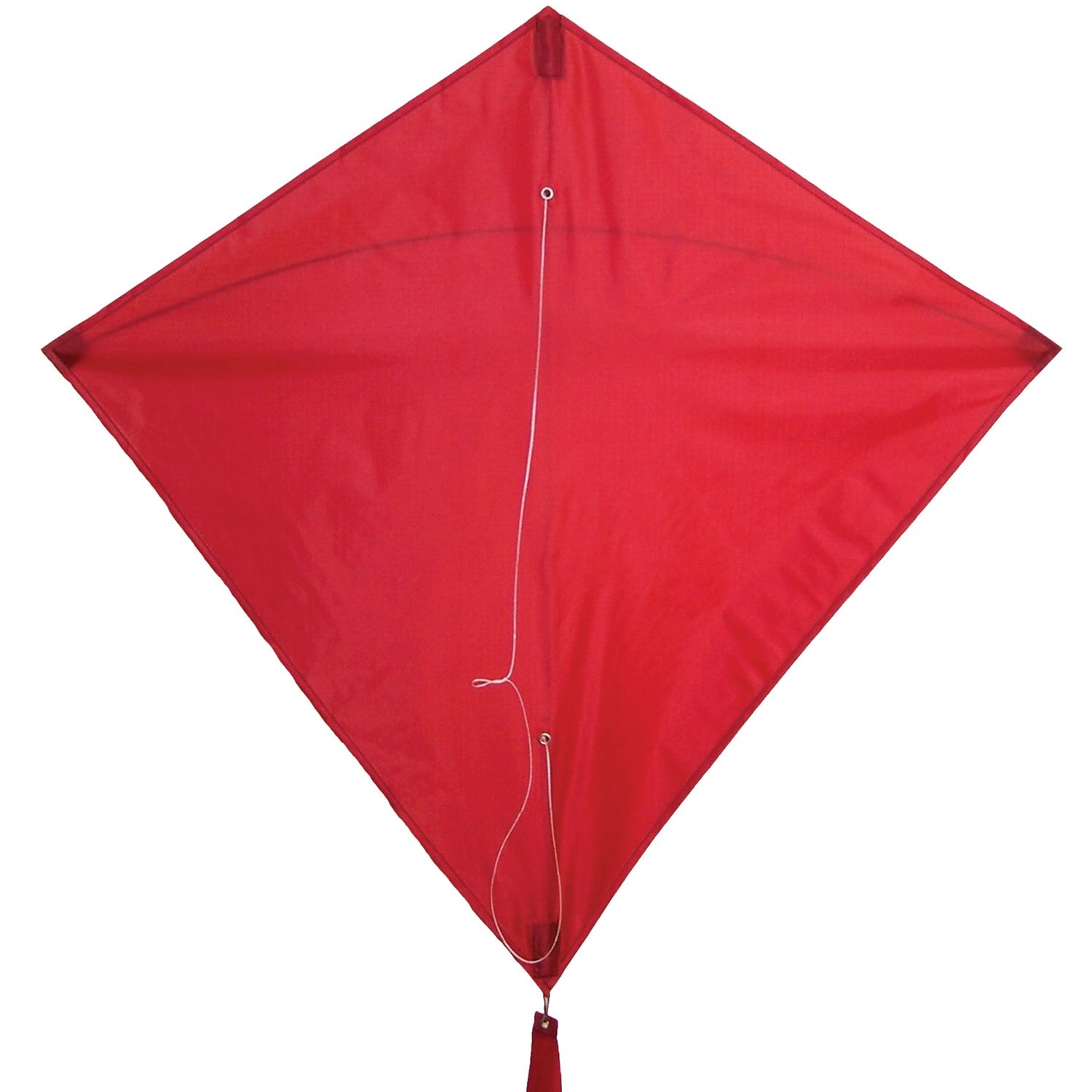 Red Colorfly 30\" Diamond Kite soaring with three colorful tails against a clear blue sky, showcasing its durable design and vibrant color.