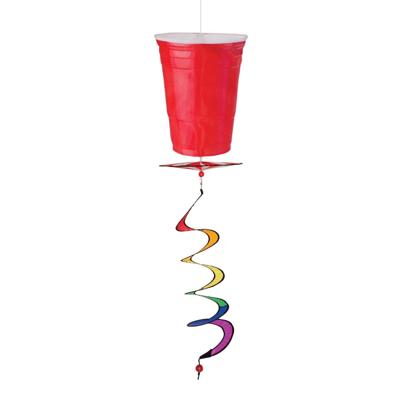 Red Cup 5 O'Clock Spinner features a colorful spinning design resembling a classic red party cup, hanging outdoors in a breezy garden setting.