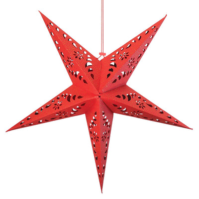 A Red Paper Star Lantern with intricate cutouts, elegantly hanging and illuminated, showcasing its vibrant color and gold accents in warm light.