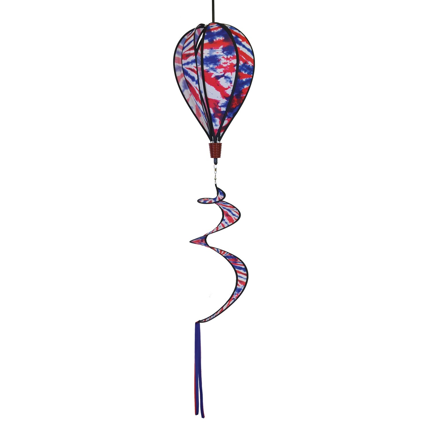Red, White and Blue Tie Dye 6-Panel Hot Air Balloon spinner in an outdoor setting, showcasing its vibrant colors and delightful movement in the air.