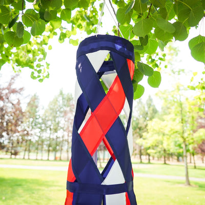 40-inch Red, White & Blue Diagonal Weave Windsock hanging outdoors, showcasing vibrant colors fluttering in the breeze.