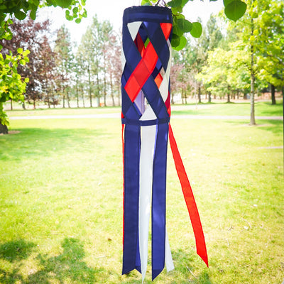 40-inch Red, White & Blue Diagonal Weave Windsock hanging outdoors, showcasing vibrant colors fluttering in the breeze.