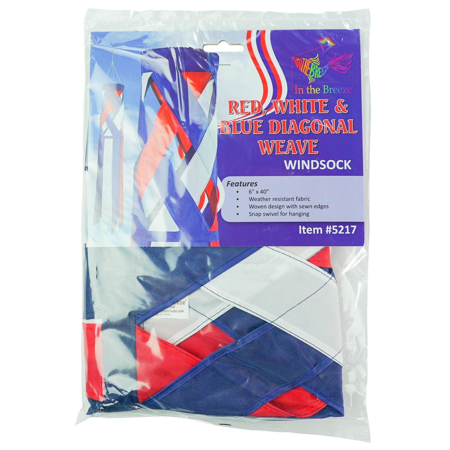 40-inch Red, White & Blue Diagonal Weave Windsock hanging outdoors, showcasing vibrant colors fluttering in the breeze.