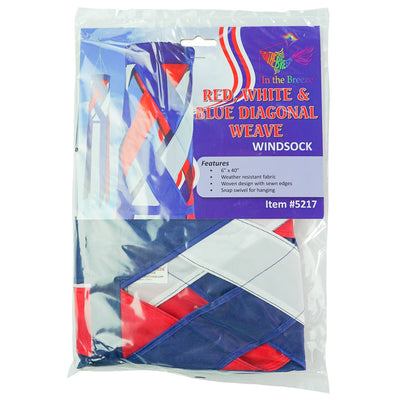 40-inch Red, White & Blue Diagonal Weave Windsock hanging outdoors, showcasing vibrant colors fluttering in the breeze.