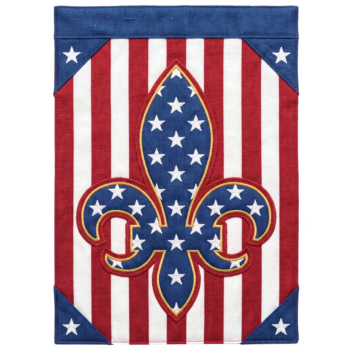 Red White Blue Fleur Dis Lis double-sided garden flag displayed on a pole in a bright outdoor garden setting, showcasing vibrant colors and intricate design.