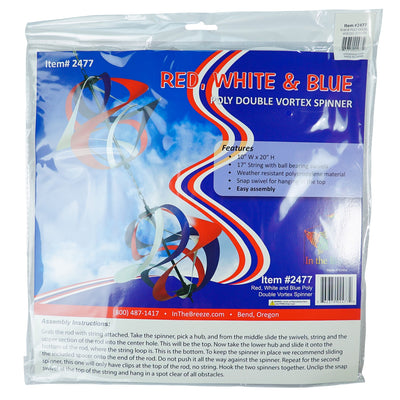 Red, White and Blue Poly Vortex Double Spinner featuring interconnected spirals, swirling in the wind, enhancing outdoor decor with patriotism.