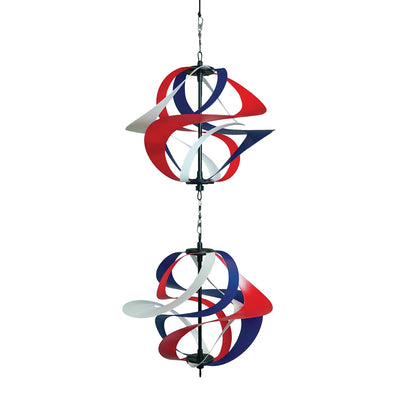 Red, White and Blue Poly Vortex Double Spinner featuring interconnected spirals, swirling in the wind, enhancing outdoor decor with patriotism.