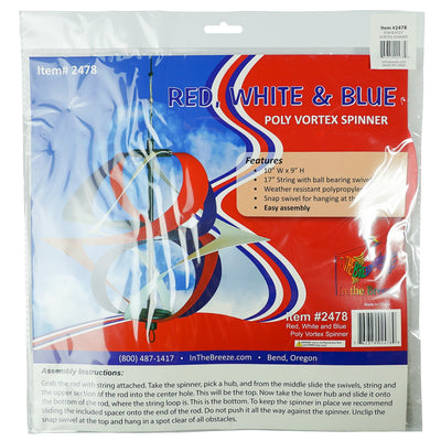 Red, White and Blue Poly Vortex Spinner with interconnected spirals in motion, hanging outdoors amidst greenery, showcasing vibrant colors and patriotic spirit.