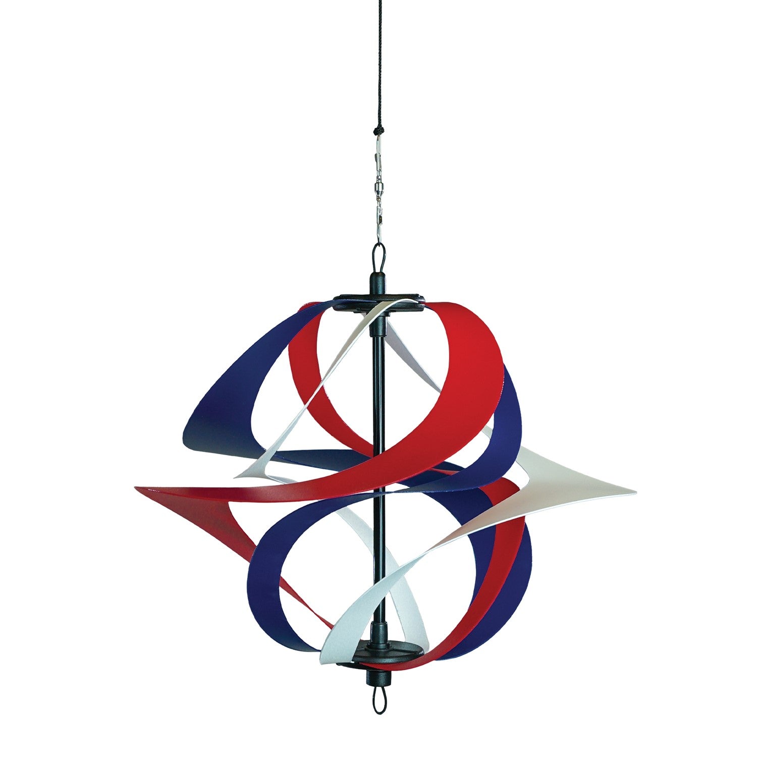 Red, White and Blue Poly Vortex Spinner with interconnected spirals in motion, hanging outdoors amidst greenery, showcasing vibrant colors and patriotic spirit.