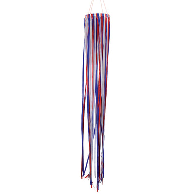 39\" Red, White & Blue Ribbon Windsock showcasing shiny satin ribbons in a festive garden setting, enhancing outdoor patriotic decor.