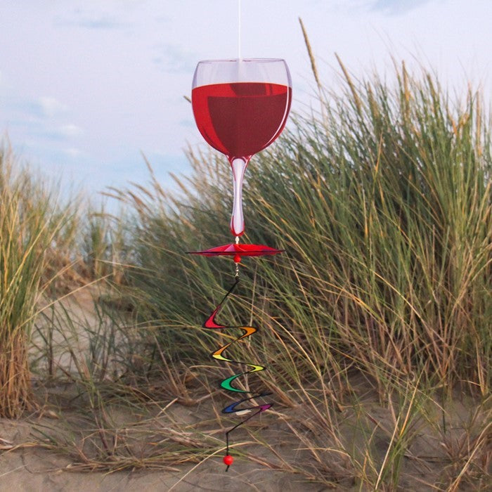 Red Wine 5 O'Clock Spinner featuring an 8-inch colorful design that replicates a red wine glass, spinning gracefully with a curlie tail for outdoor decor.