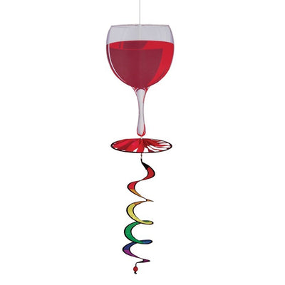 Red Wine 5 O'Clock Spinner featuring an 8-inch colorful design that replicates a red wine glass, spinning gracefully with a curlie tail for outdoor decor.