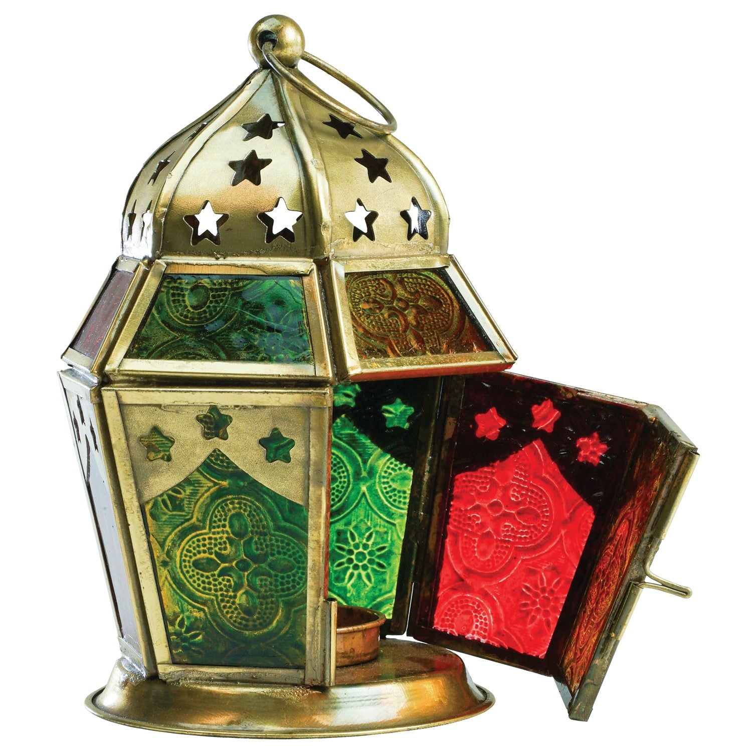 Red, Yellow & Green Hex Glass Tealight Lantern showcasing intricate patterned glass in a hexagonal shape, hanging outdoors creating ambient light.