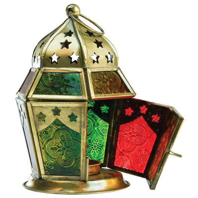 Red, Yellow & Green Hex Glass Tealight Lantern showcasing intricate patterned glass in a hexagonal shape, hanging outdoors creating ambient light.