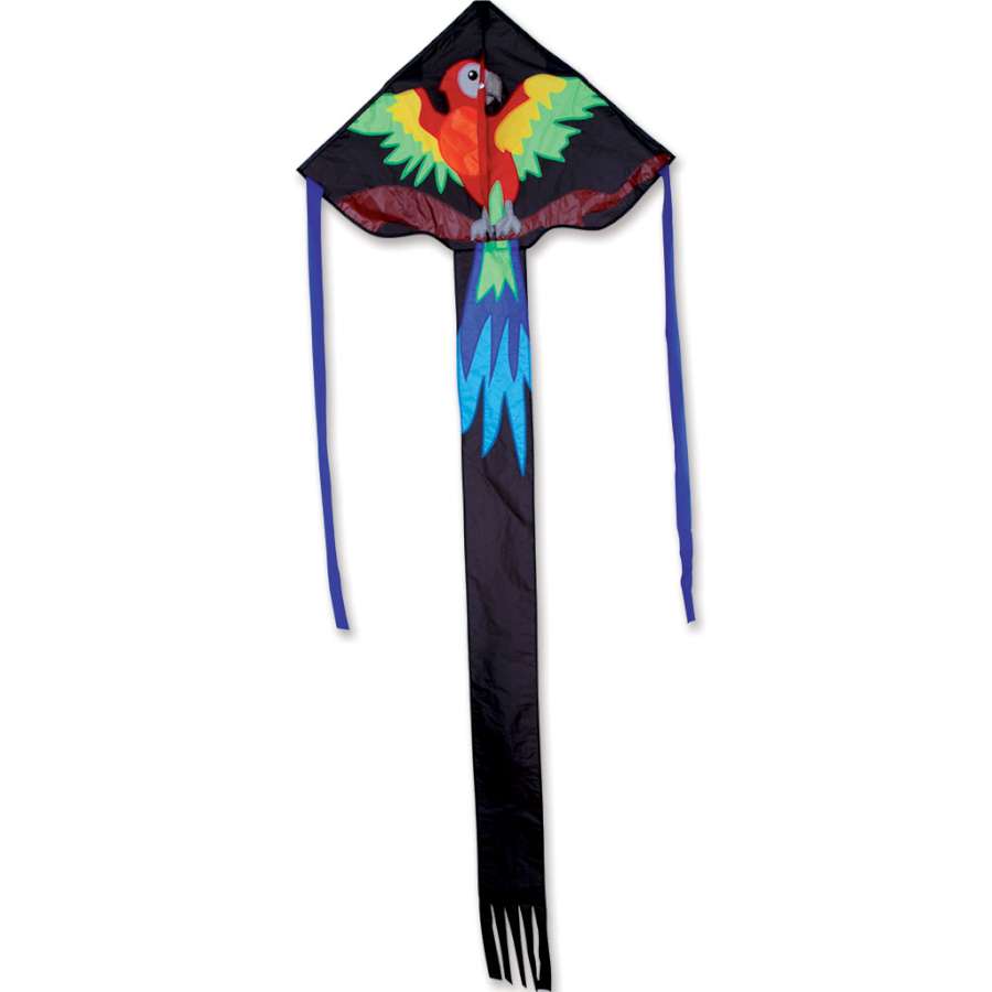 Reg. Easy Flyer Kite - Happy Parrot soaring in the sky with bright colors and parrot design, showcasing its durable polyester fabric and fiberglass frame.