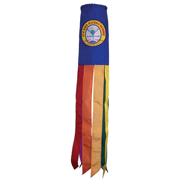 Retro Happy Hour 40-inch windsock featuring bright colors and detailed appliqued graphics, displayed in a backyard setting, fluttering in the breeze.