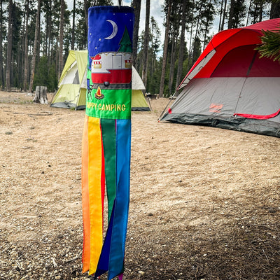 Retro Trailer 40" Windsock with colorful design and fluttering tails, hanging outdoors in a breezy setting, perfect for camping decor.