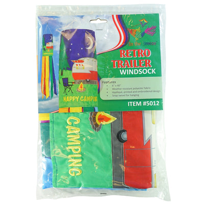 Retro Trailer 40" Windsock with colorful design and fluttering tails, hanging outdoors in a breezy setting, perfect for camping decor.