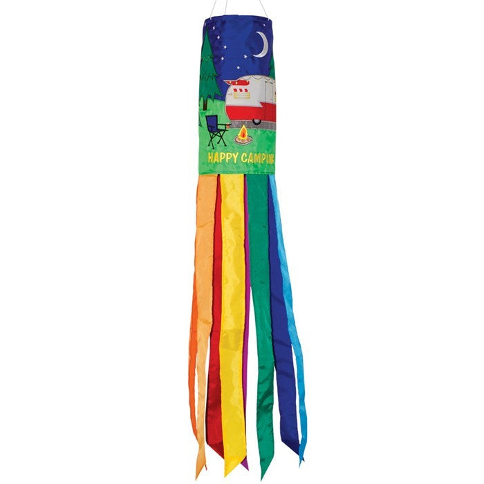 Retro Trailer 40" Windsock with colorful design and fluttering tails, hanging outdoors in a breezy setting, perfect for camping decor.