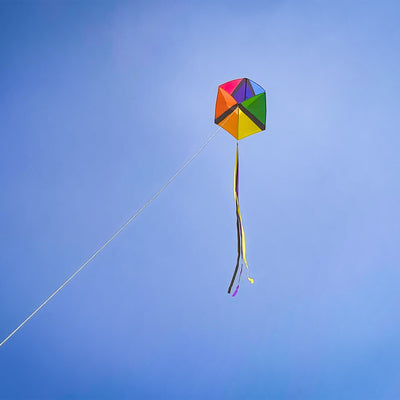 Revel Single Box Kite soaring high in a clear blue sky, featuring vibrant rainbow colors and 12-foot tails, designed for easy flying.