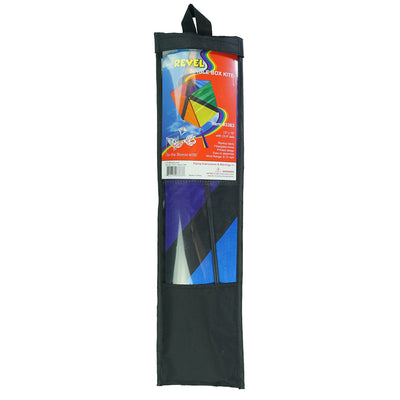 Revel Single Box Kite soaring high in a clear blue sky, featuring vibrant rainbow colors and 12-foot tails, designed for easy flying.