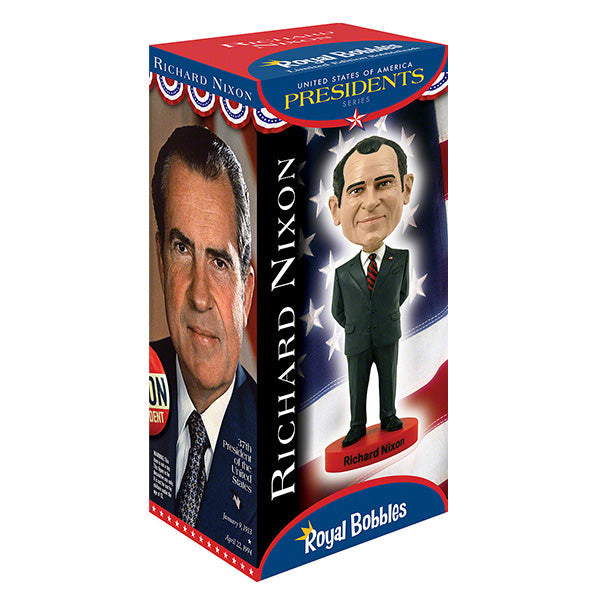 Richard Nixon bobblehead standing 8 inches tall, hand-painted with intricate details, displayed on a shelf against a neutral background.