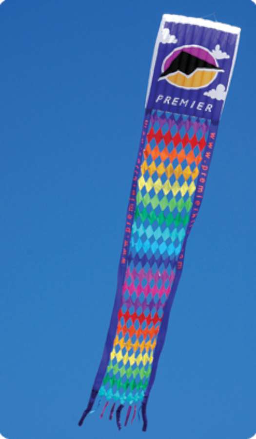 Rieleit Foil 20 Kite, a large vibrant kite with an extensive tail, soaring in the sky against a blue backdrop, showcasing its stunning colors and design.