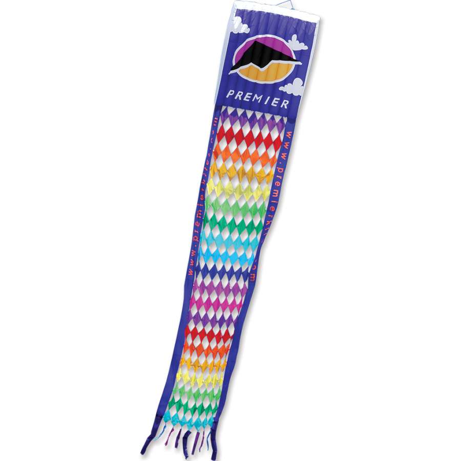 Rieleit Foil 20 Kite, a large vibrant kite with an extensive tail, soaring in the sky against a blue backdrop, showcasing its stunning colors and design.