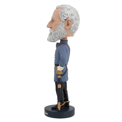 Robert E. Lee bobblehead showcasing intricate details, dressed in a military uniform, standing on a decorative base in a collector's box.