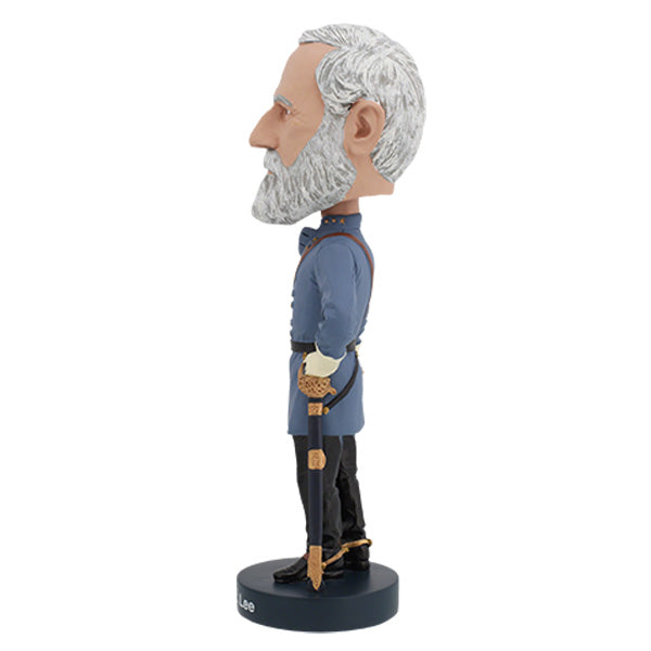 Robert E. Lee bobblehead showcasing intricate details, dressed in a military uniform, standing on a decorative base in a collector's box.