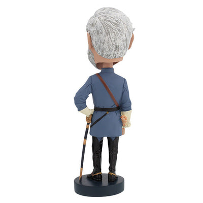 Robert E. Lee bobblehead showcasing intricate details, dressed in a military uniform, standing on a decorative base in a collector's box.