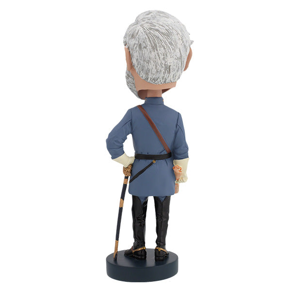 Robert E. Lee bobblehead showcasing intricate details, dressed in a military uniform, standing on a decorative base in a collector's box.