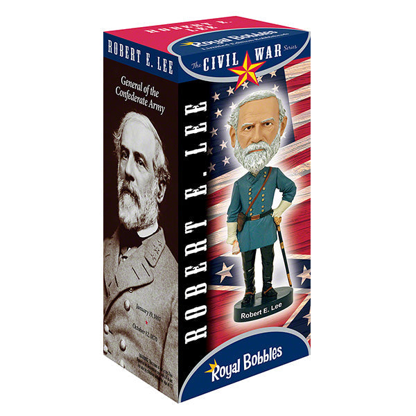 Robert E. Lee bobblehead showcasing intricate details, dressed in a military uniform, standing on a decorative base in a collector's box.