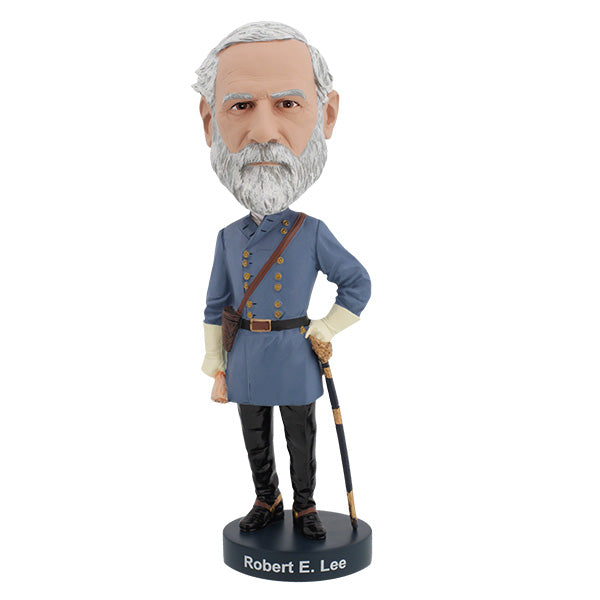 Robert E. Lee bobblehead showcasing intricate details, dressed in a military uniform, standing on a decorative base in a collector's box.