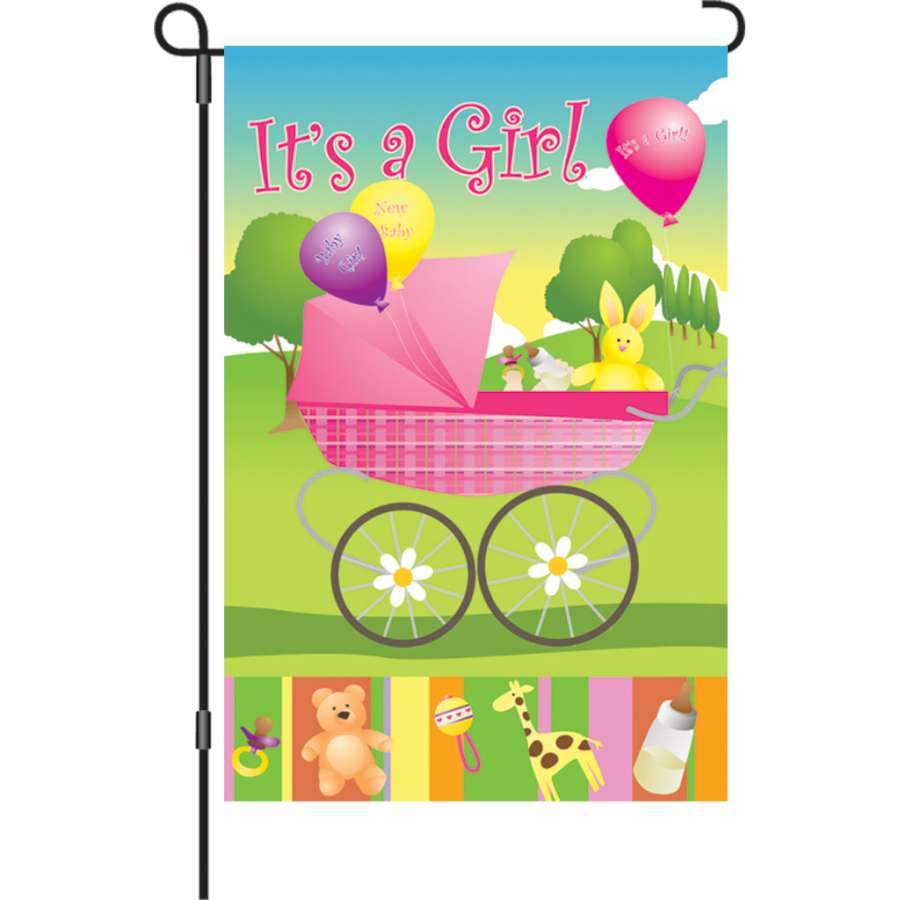 12 in. Rock-A-Bye Baby Girl garden flag featuring pastel colors and whimsical design displayed outdoors, perfect for baby showers.