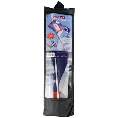 Rocket 30-inch Diamond Kite featuring a colorful rocket ship design with three attached tails, flying high against a blue sky.