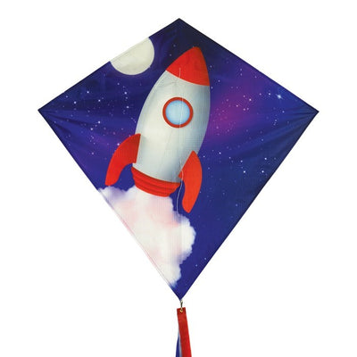 Rocket 30-inch Diamond Kite featuring a colorful rocket ship design with three attached tails, flying high against a blue sky.