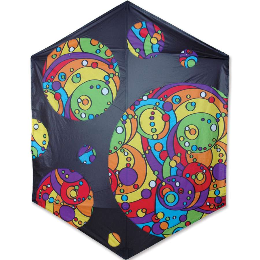 Rokkaku Kite - Black Rainbow Orbit Bubbles soaring in a blue sky with vibrant colors and a unique design, perfect for outdoor enthusiasts.