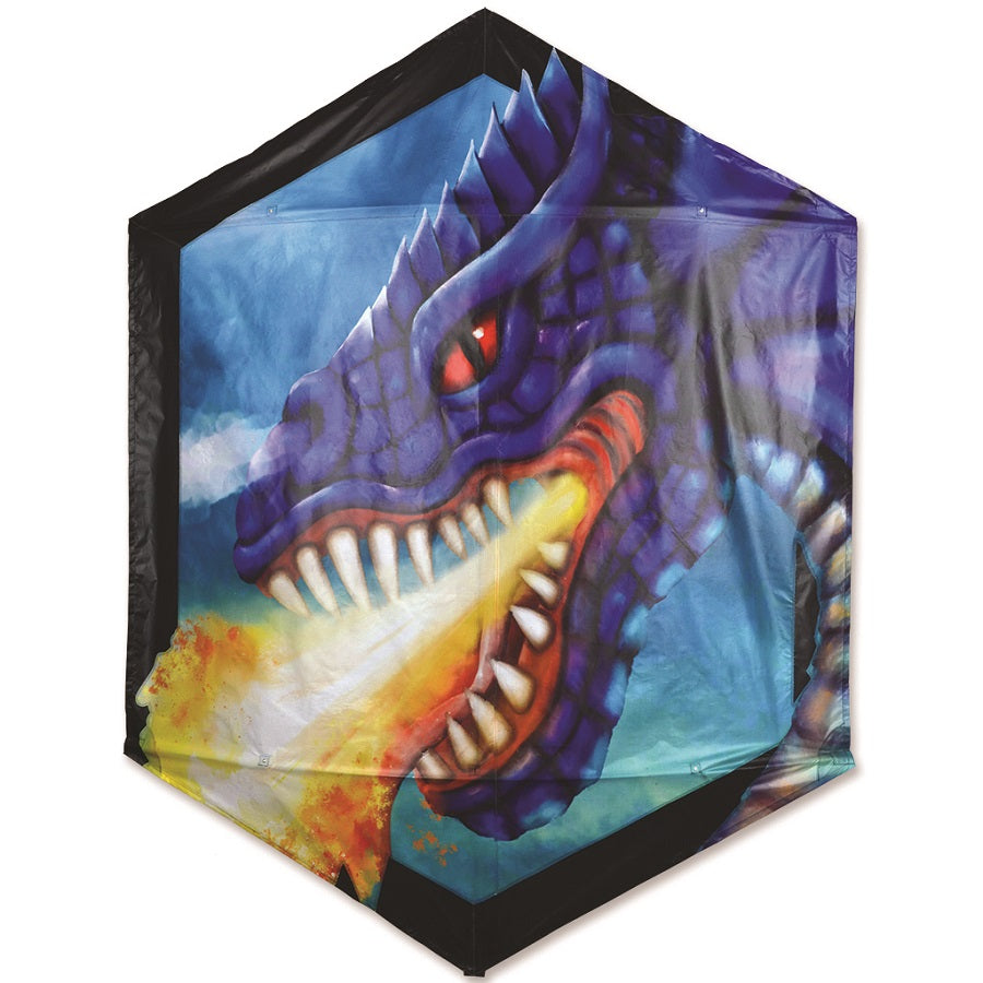 Rokkaku Kite - Fierce Dragon soaring in the sky, measuring 63x78 inches, made with ripstop polyester for durability, showcasing vibrant colors.