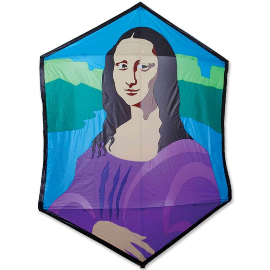 Rokkaku kite featuring the Mona Lisa in vivid colors, wrapped carbon frame for stable flight, and ripstop polyester design for wind speeds 4–18 mph.