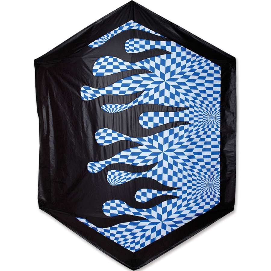 Rokkaku kite featuring vibrant Op Art Flames design being flown outdoors against a clear blue sky, measuring 63 x 78 inches.