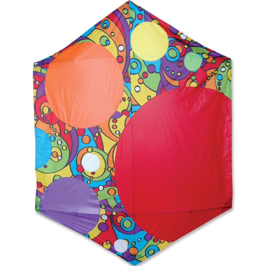 Rokkaku Kite with Rainbow Bubbles design, 63x78 inches, flying against a clear blue sky, showcasing vibrant colors and stability.