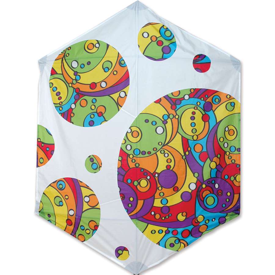Rokkaku Kite - Rainbow Orbit Bubbles measuring 63 x 78 inches, flying gracefully in a clear blue sky, showcasing vibrant colors and patterns.