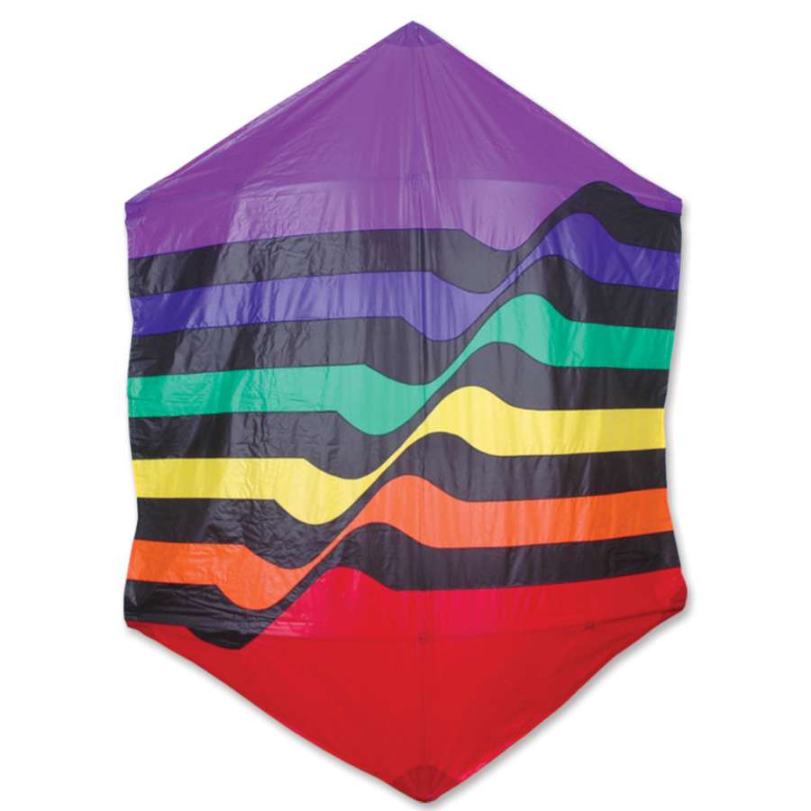 Rokkaku Kite - Rainbow Ripple soaring in a clear blue sky, measuring 63 x 78 inches, showcasing its vibrant colors during outdoor flight.