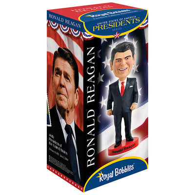 Ronald Reagan Bobblehead, a handcrafted 7-inch figure depicting the 40th President with a smiling expression, detailed suit, and in a collector's box.