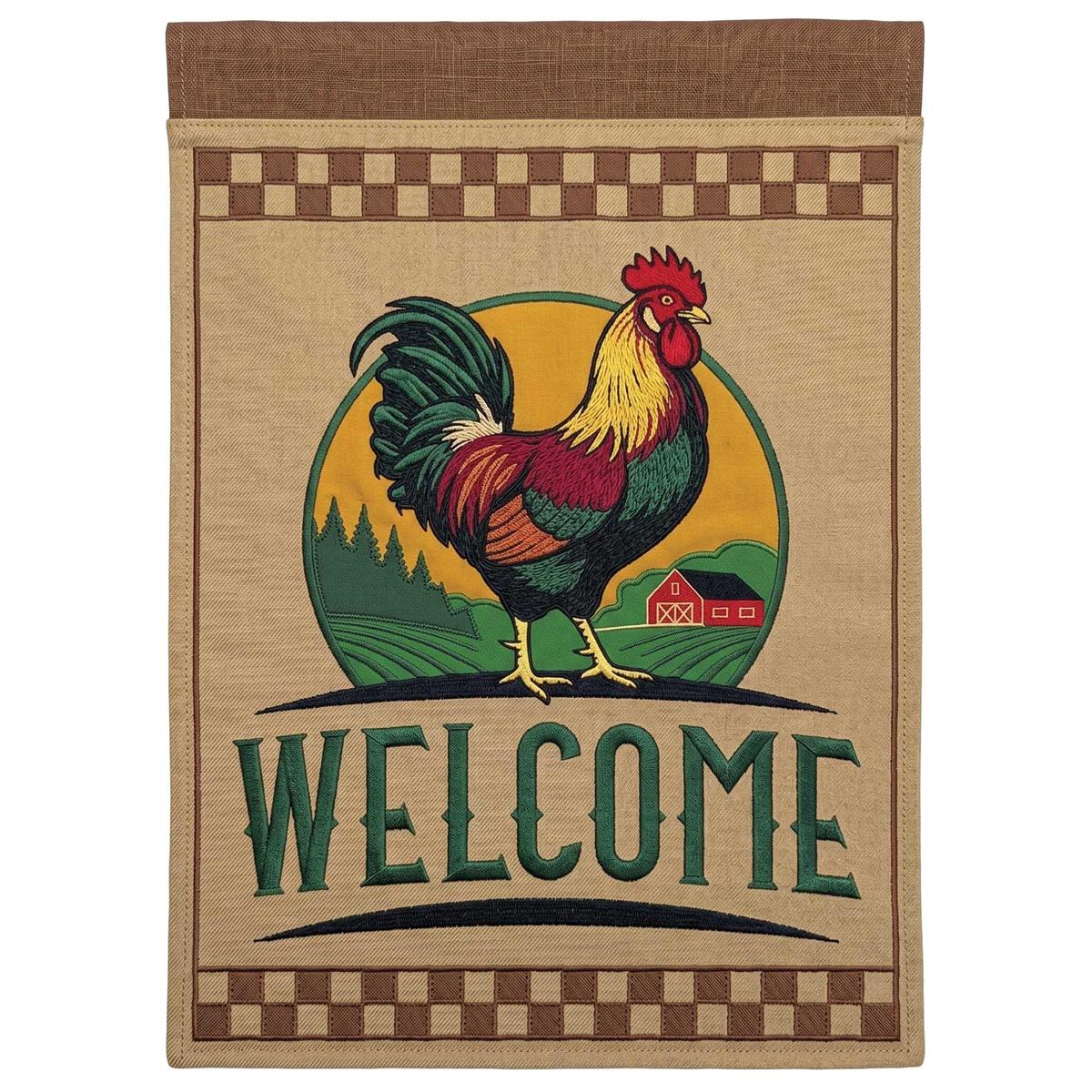 Rooster Welcome Garden Flag featuring a charming embroidered rooster design displayed in an outdoor garden setting, emphasizing a cozy and inviting atmosphere.