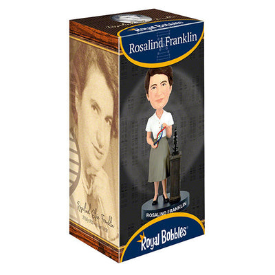 Rosalind Franklin Bobblehead featuring a detailed likeness of the scientist in a lab coat, standing securely on a base, ready for display.