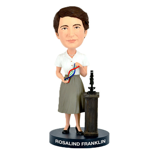 Rosalind Franklin Bobblehead featuring a detailed likeness of the scientist in a lab coat, standing securely on a base, ready for display.
