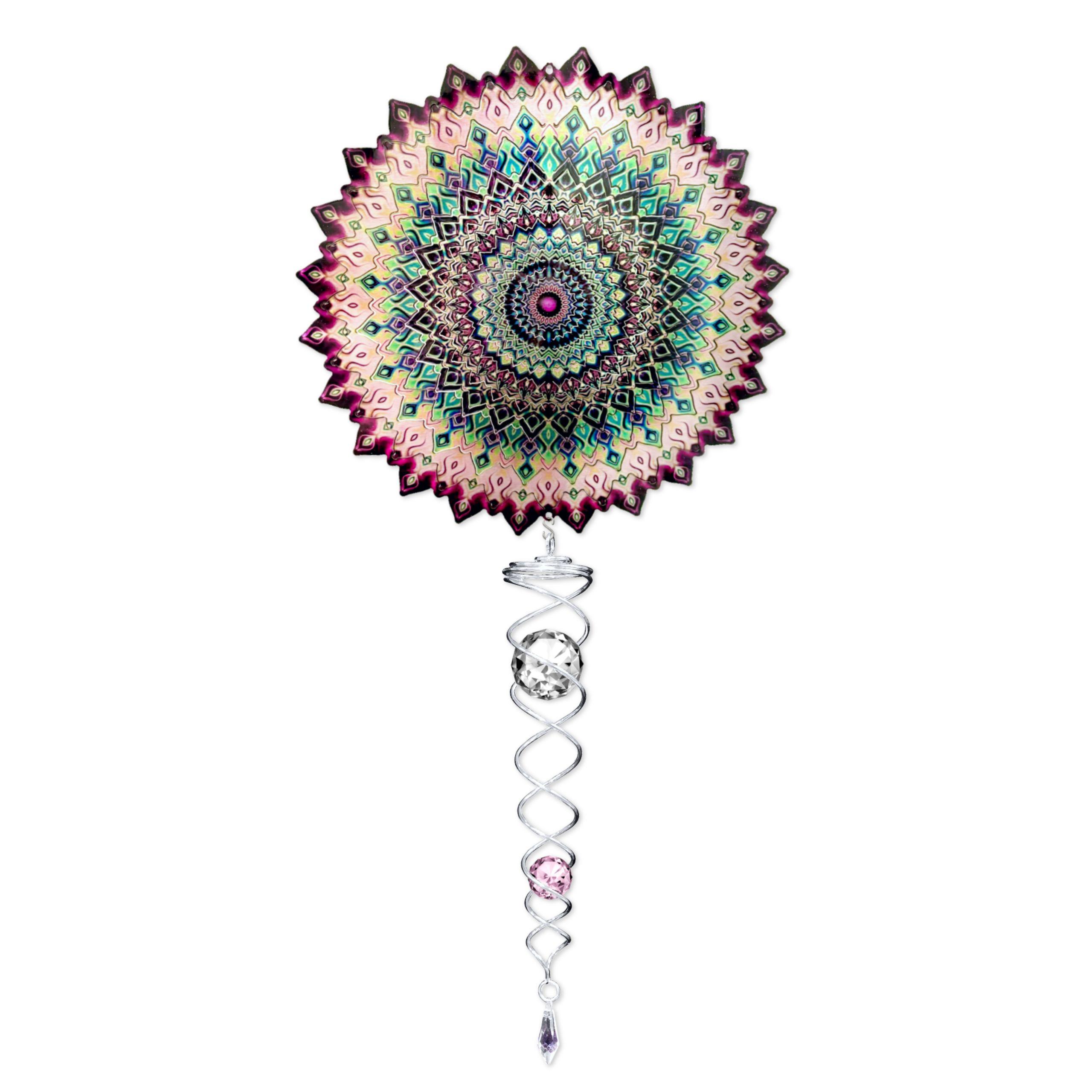 Rose Mandala Mini Set Wind Spinners showcasing intricate mandala design and crystal twister, displayed outdoors against a sunny backdrop.